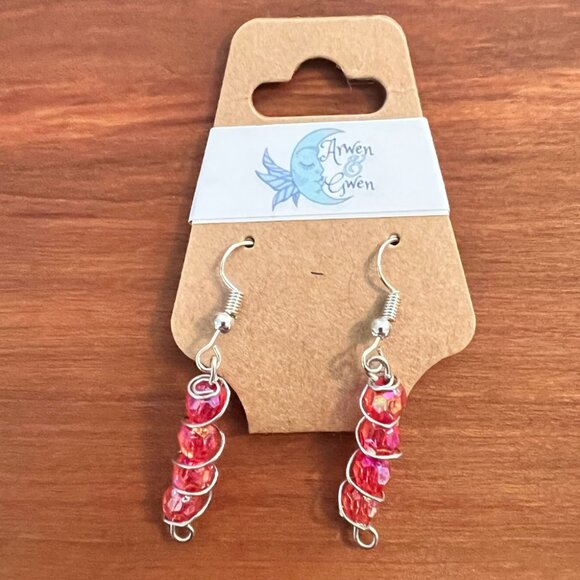 Silver Wire Drop Earrings, Spiral Design with Red Acrylic Gems, Handmade - Picture 2 of 2